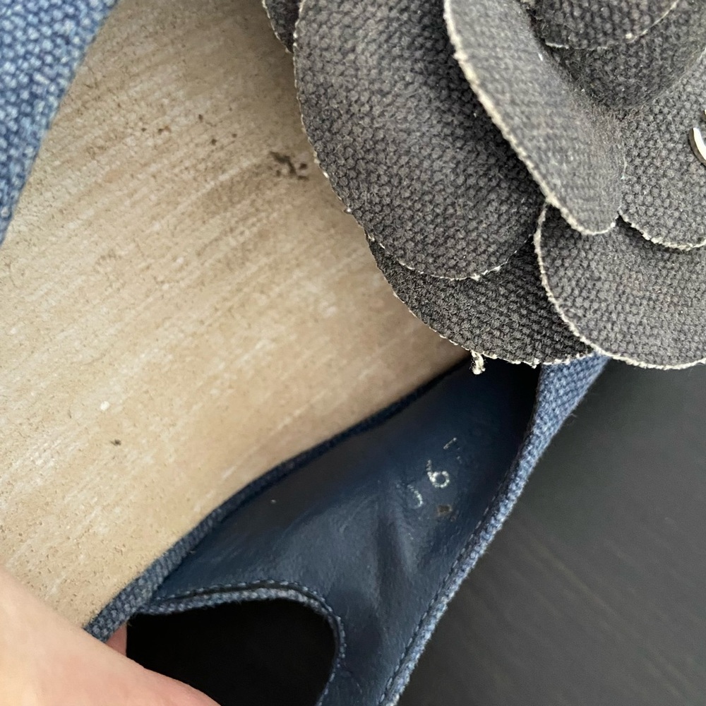 CHANEL Denim Camellia CC Logo Sandals Heels Open Toe Slingback 37.5 - Picture 7 of 16